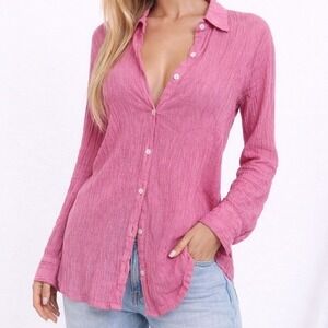 White Fox Pink Crinkle Textured Button Down Shirt Long Sleeve S/M